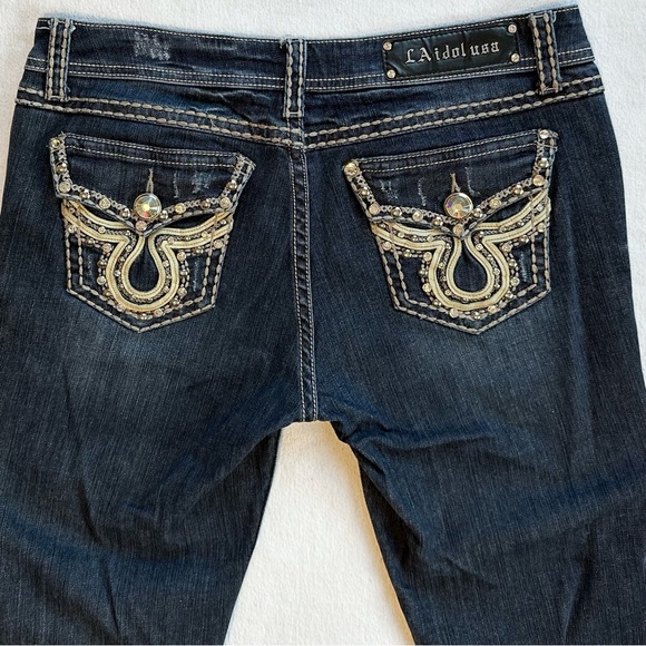 LA IDOL Y2K BOOTCUT BLING FLAP POCKET DISTRESSED RODEO FESTIVAL JEANS Sz11 33/34 - Picture 3 of 12